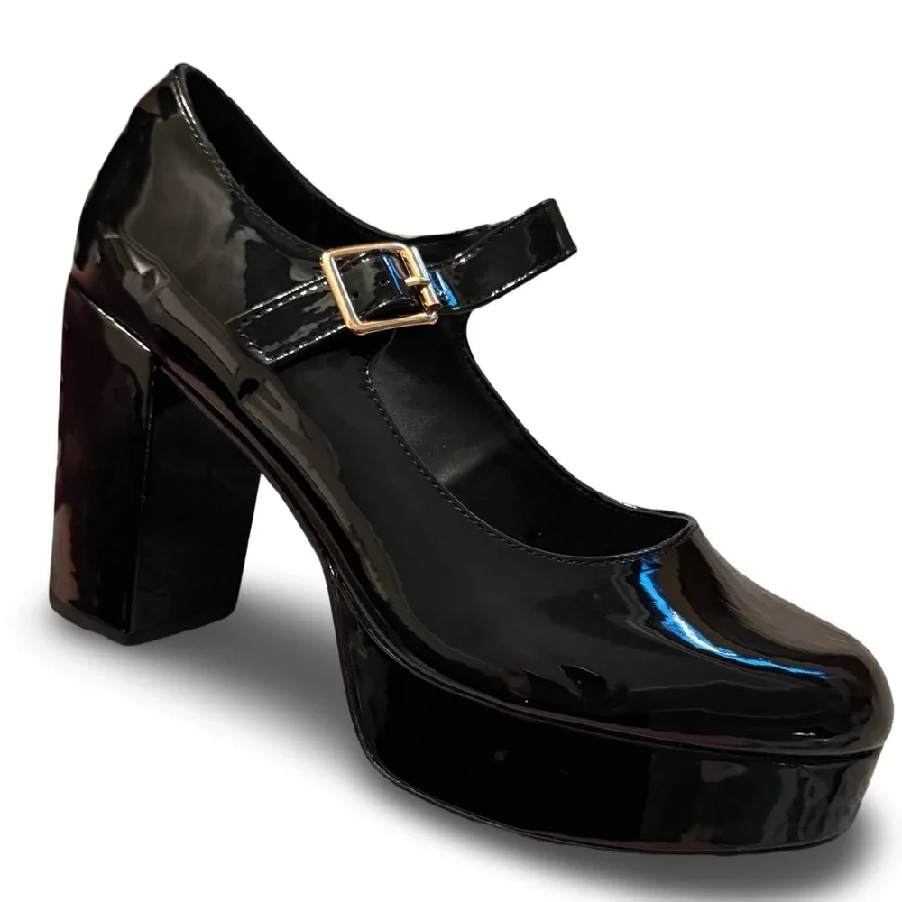Coutgo Black Patent Leather Platform Mary Jane Block Heels Sz 11 NEW